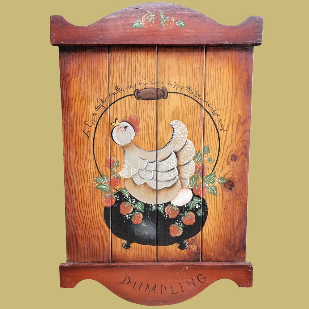Vintage 1980s Toile Painted Folk Art Chicken "Dumpling" Wall Hanging
